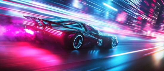 Futuristic sports car speeding through neon city at night