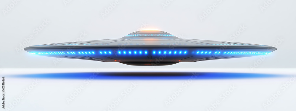 Poster 3d rendering of flying saucer with blue lights, showcasing sleek design and hovering effect, evokes 