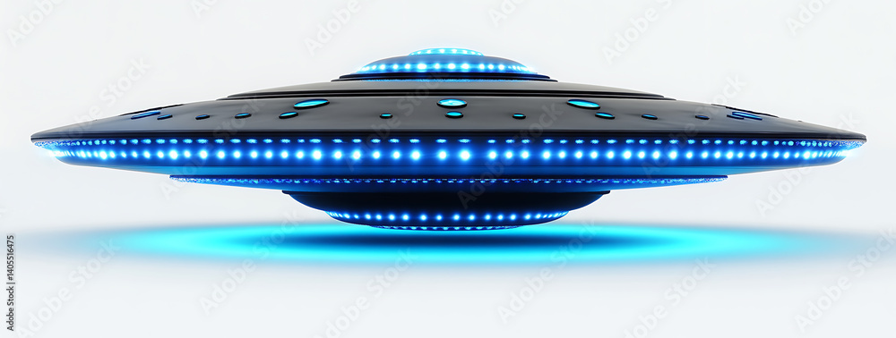 Poster 3d rendering of flying saucer with blue lights, showcasing sleek design and futuristic appearance. g