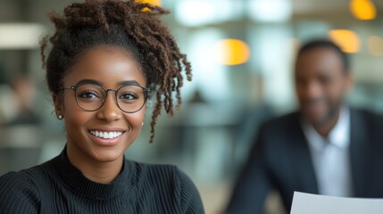 Smiling Woman in Glasses Posing for Photo in Modern Office Space