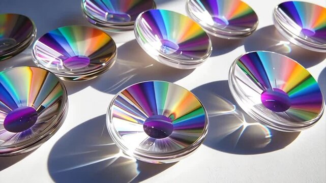 Colorful glass lenses on white surface