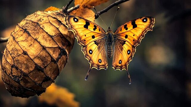 Autumn butterfly emerging from chrysalis