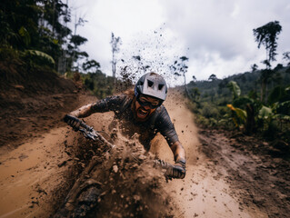 Obraz premium A motocross rider in full gear powers through muddy terrain with dirt flying. Generated by AI