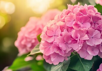 Fototapeta premium Soft Pink Hydrangea Blooms Basking in Warm Sunlight at Sunset