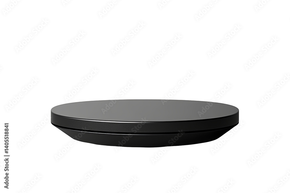 Poster sleek, circular platform in dark grey against a stark transparent background. simple geometry, highl