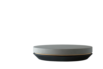 A sleek, circular gray platform with a gold band rests on a black base against a transparent background. Minimalist product display