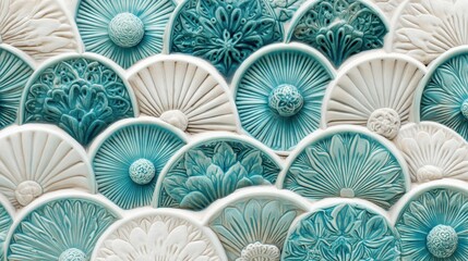 Beautiful textured ceramic tiles in intricate geometric patterns.