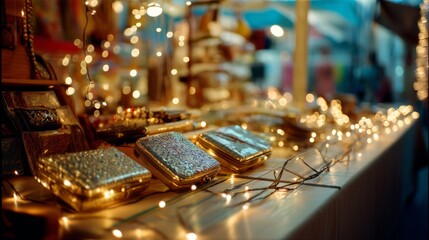 A market stall filled with ornate jewelry cases illuminated by soft, sparkling lights, capturing a festive and luxurious ambience.