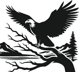 Mountain with eagle vector silhouette