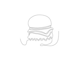Gambar hamburger dengan satu garis, background putih, Siluet burger restoran cepat saji dengan keju, potongan daging, dan salad. Logo makanan jalanan dengan desain modern.