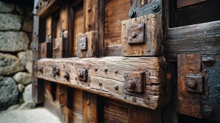A weathered wooden gate with metal embellishments exudes an aged, rustic charm, standing resolute against a stone wall.