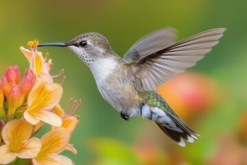 Obraz premium Hummingbird hovering near vibrant flowers during a sunny day in a lush garden