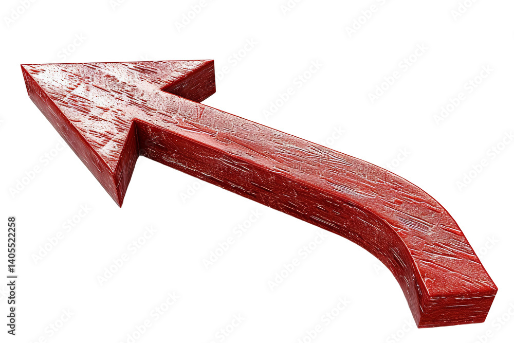 Poster red arrow pointing up left, with texture, against a transparent background. rendered in 3d with deta