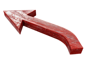 Red arrow pointing up left, with texture, against a transparent background. Rendered in 3D with detailed surfaces