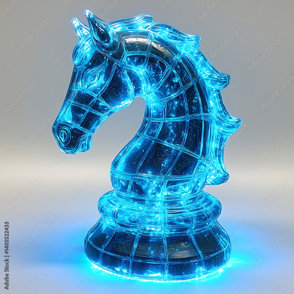 Poster glowing blue knight chess piece made of transparent material, showcasing intricate details and illum