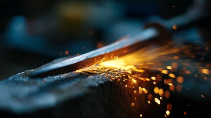 Sparks fly as a sword is sharpened, capturing intense focus and craftsmanship under dim lighting in a workshop setting.
