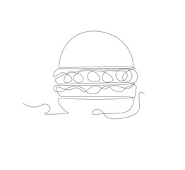 Gambar hamburger dengan satu garis, background putih, Siluet burger restoran cepat saji dengan keju, potongan daging, dan salad. Logo makanan jalanan dengan desain modern.