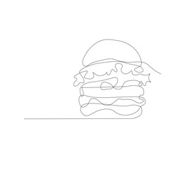 Gambar hamburger dengan satu garis, background putih, Siluet burger restoran cepat saji dengan keju, potongan daging, dan salad. Logo makanan jalanan dengan desain modern.
