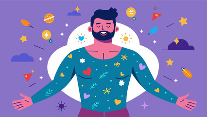 Fototapeta premium A man participating in a body positivity photoshoot adorned with glitter and surrounded by positive affirmations written on his body.. Vector illustration