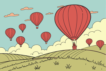 Obraz premium 87 Red hot air balloons, grassy field, blue sky with clouds, symmetry, one balloon rising higher, conceptual image, leadership concept, standing out from the crowd, achievement, success, competitive a