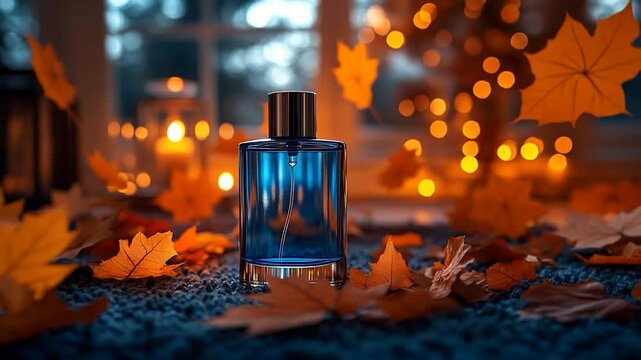 Autumn perfume bottle amidst fallen leaves, soft lights, warm scene