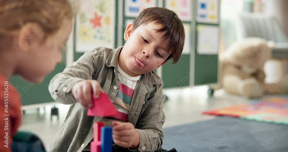 Aufkleber Boy, student and play with blocks in classroom for learning, problem solving and creative activity. Kids, helping and building toys of education game, puzzle solution and motor growth in kindergarden