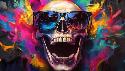 A colorful pop art portrait of a skull donning sunglasses, mouth agape, and adorned with a paint splatter effect, serves as a stock wallpaper