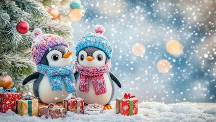 Obraz premium Adorable baby penguins surround presents beside the Christmas tree on a cold winter evening, stock photo