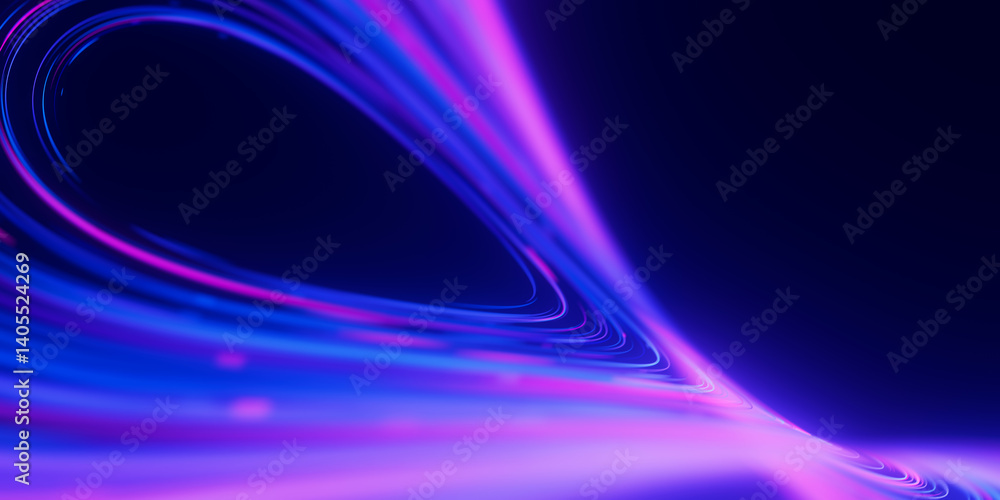 Poster Warped data light speed flow. Abstract round digital data stream of quantum computing. Cyberspace of qubit trail waves with DOF. Modern tech information transmission.