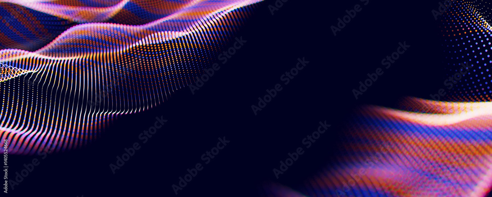 Poster abstract wave of particles. big data digital flow concept. llm learning process, ai technology. quan