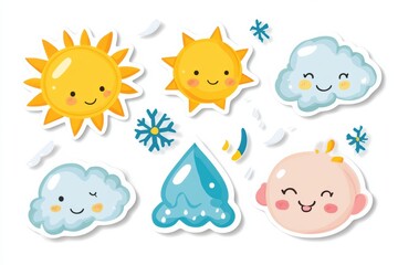 Cute weather-themed sticker illustrations featuring sun, cloud, rain, and snowflake designs suitable for various creative projects