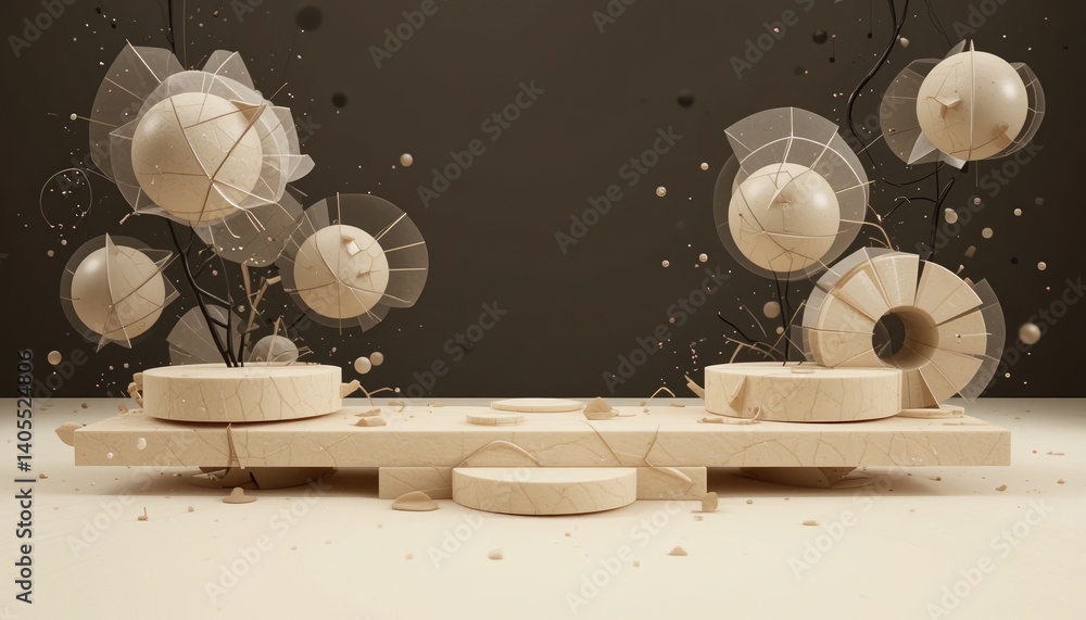 Poster dynamic abstract sculpture displaying geometric shapes and organic patterns modern art installation 