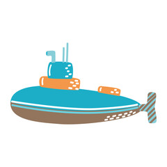 Obraz premium Cute cartoon submarine in blue and orange colors. Flat vector illustration for children books, posters, and underwater themes. Simple and fun design
