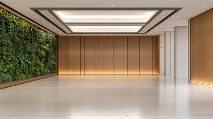 Obraz premium Modern interior design featuring a lush green wall in a spacious, well-lit room with wooden accents