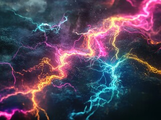 Vibrant explosion of color featuring a radiant glow at the core, surrounded by lively pink and blue neon pathways