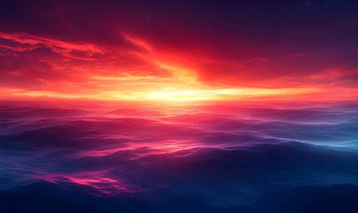 Obraz premium Vibrant sunset over calm ocean waves, showcasing a gradient of colors with a serene atmosphere