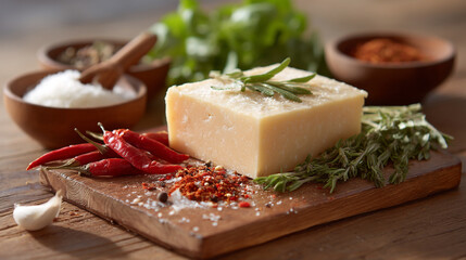 Cheese parmesan block with spices herbs and chili peppers on wooden board food photography gourmet cooking