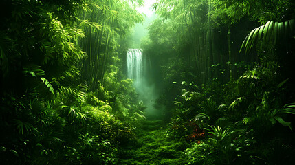 Obraz premium Lush Green Jungle Waterfall Scene