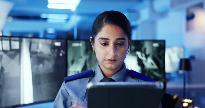 Security, safety officer and woman with tablet for cctv, thinking or problem solving at night. Guard, monitor station and technology in control room for surveillance, watch video and protection plan