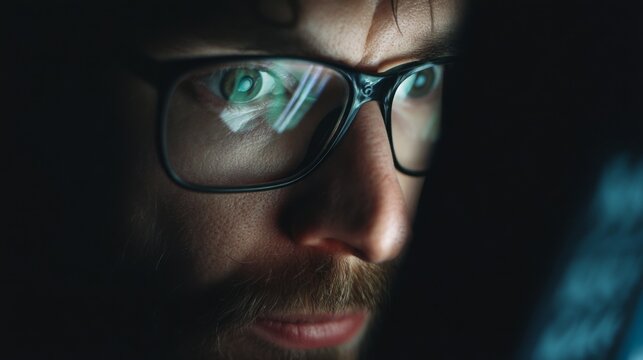 A thoughtful man in glasses closely examines digital information on a glowing screen, capturing the essence of focused technology interaction.