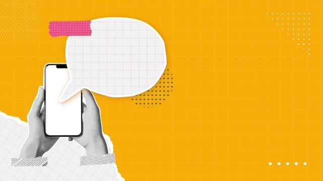 Trendy Halftone Collage Hand holds Phone with Paper speech bubble messages.