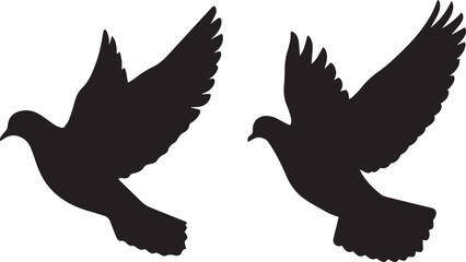 Obraz premium Black silhouettes, two doves in flight, wing spread, peaceful symbols, symmetrical composition, minimalist design, stark contrast, paper cut-out style, negative space, simple shapes, graphic art