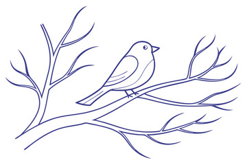 Minimalist Line Art Of Bird Perched On Bare Tree Branch Illustration