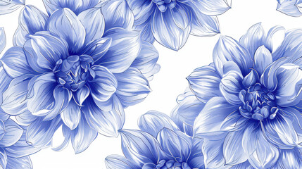 Beautiful blue flowers with intricate details create stunning floral pattern on white background, evoking sense of elegance and tranquility
