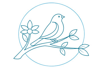 Elegant Teal Bird Perched On Branch With Flower In Circle Graphic