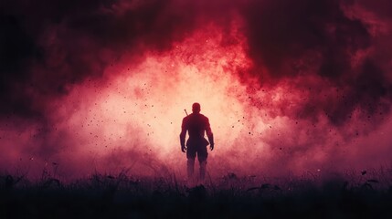 Silhouette of a Warrior Facing a Crimson Sky