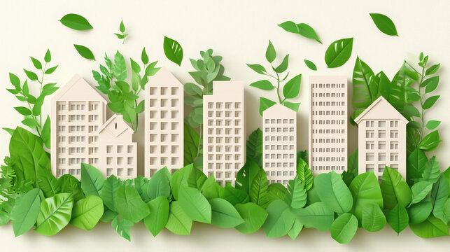 Ilustraci&oacute;n de ciudad sostenible con edificios rodeados de hojas verdes