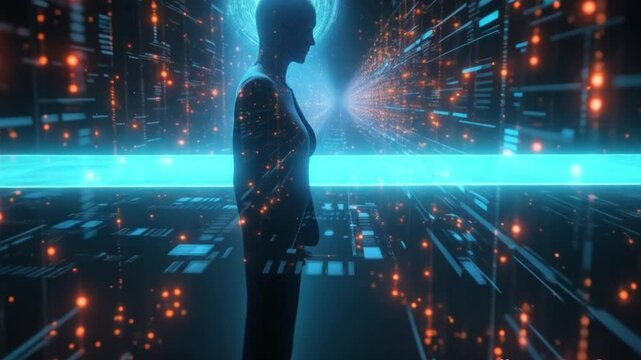 A digital human silhouette with a glowing neural halo in a high-tech data corridor, symbolizing AI consciousness, digital transformation, or mind-machine interface.


