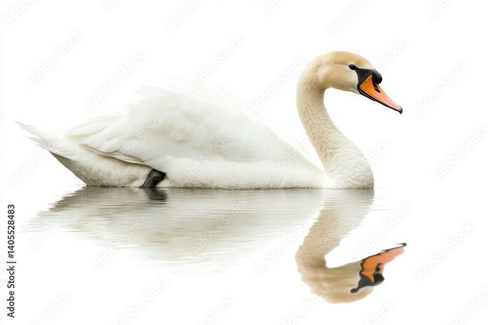 Poster swan gliding effortlessly over still water with perfect reflection on a serene white background