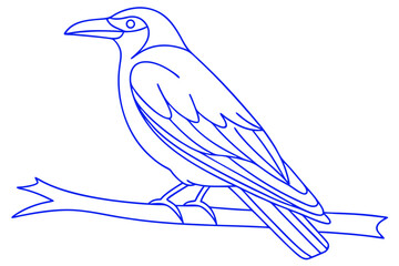 Minimalist Crow Outline Illustration Perched On Branch In Blue